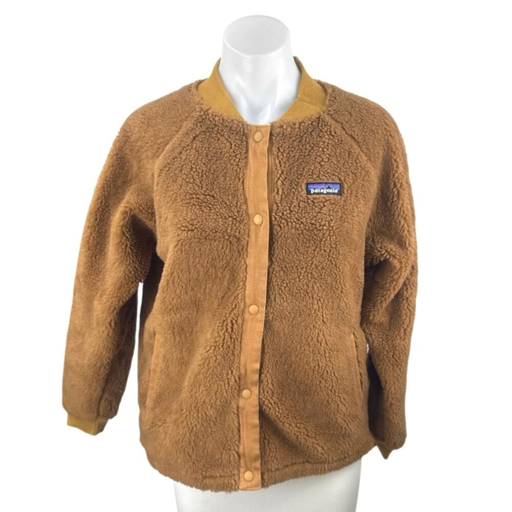 Patagonia Women's Brown Wool Sherpa Fleece Long Sleeve Snap Bomber Coat Jacket S